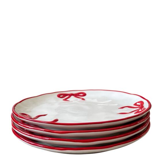 Hand Painted Coquette Red Bow Dinner Plates 10.25in White Ceramic Set of 4 NEW - Picture 4 of 13